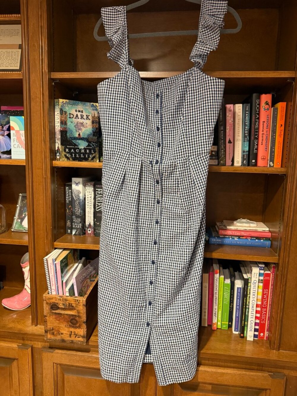 Gal Meets Glam Collection Carly Navy Blue Gingham Ruffle Midi Dress 14